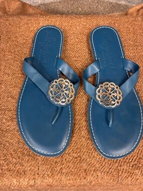 Brighton Blue Leather Thong Sandals with Decorative Medallions